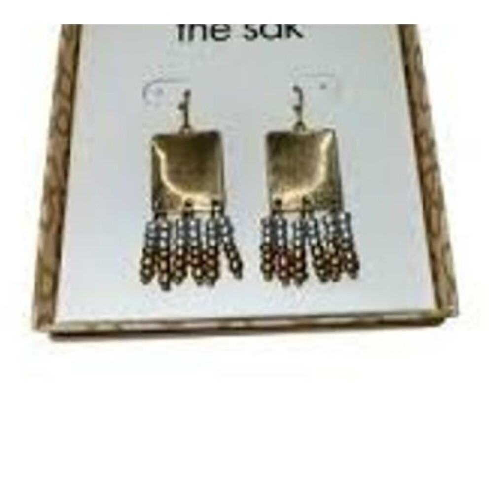 Tribal Brass Tassel The Sak Geometric Silver Tone Two Tone Beaded Earrings - Picture 2 of 2